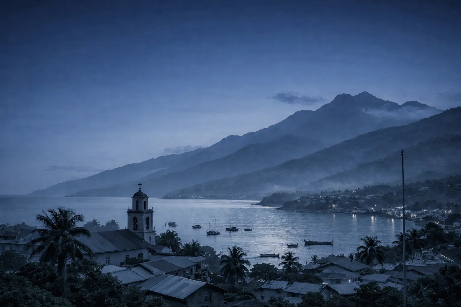 Vue sur une baie haïtienne au lever du jour