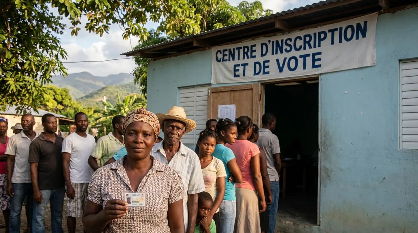 Des citoyens haïtiens font la queue devant un centre d'inscription et de vote (CIV) en Haïti, une femme tenant sa carte d'identification nationale à la main