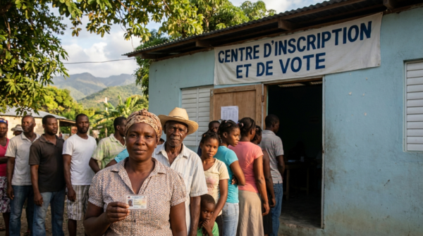 Des citoyens haïtiens font la queue devant un centre d'inscription et de vote (CIV) en Haïti, une femme tenant sa carte d'identification nationale à la main